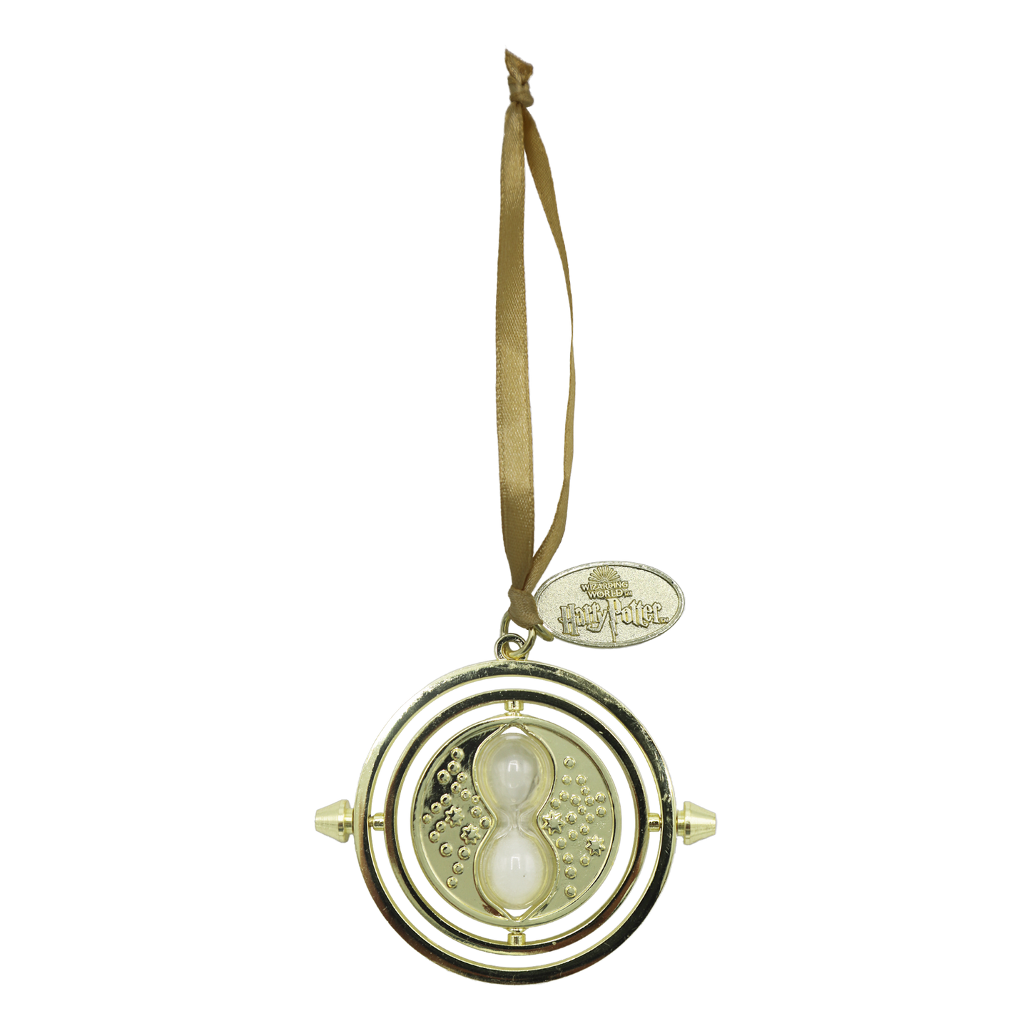 Gold time-turner ornament with a ribbon on a white background