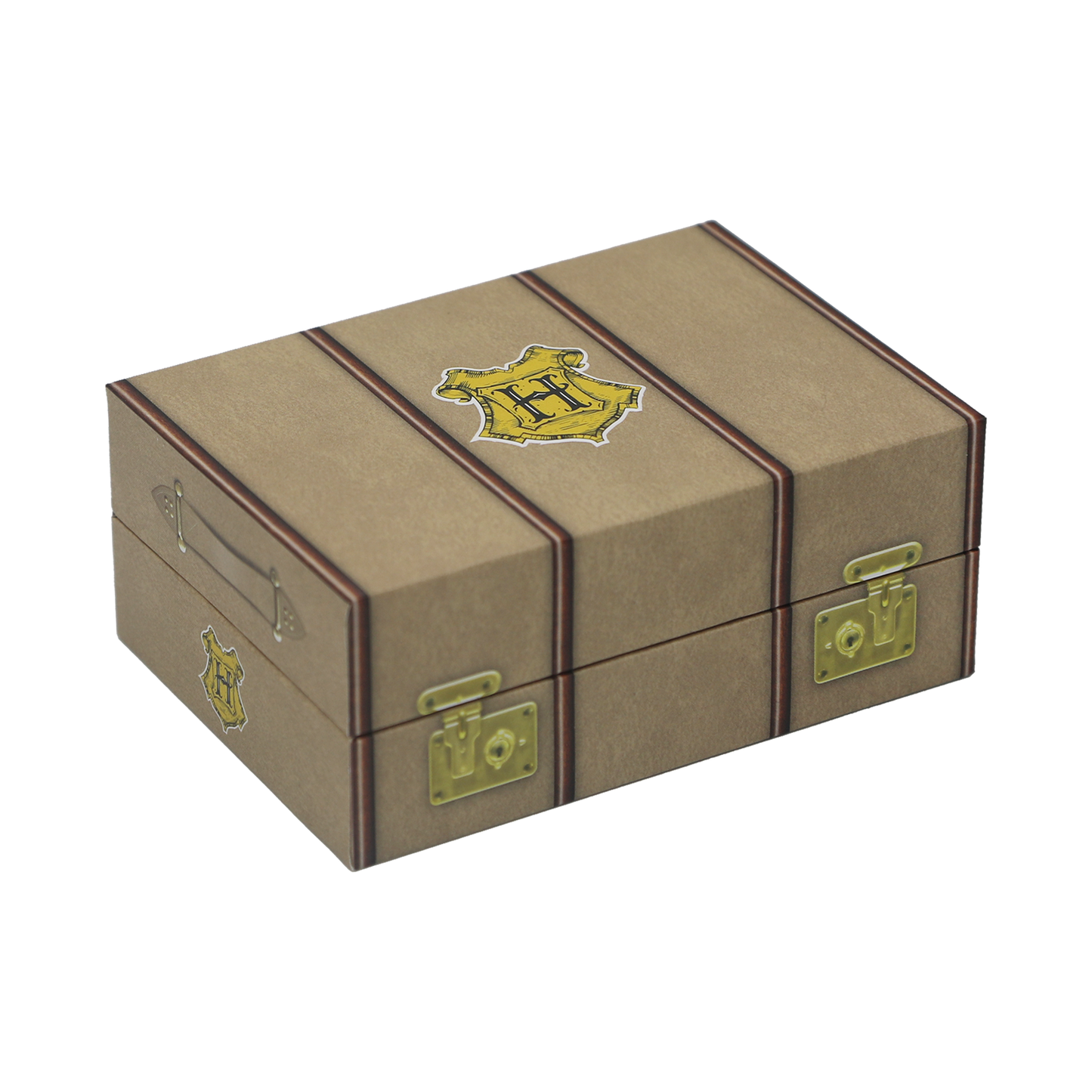 Brown trunk storage box with gold accents and a Hogwarts crest on a white background