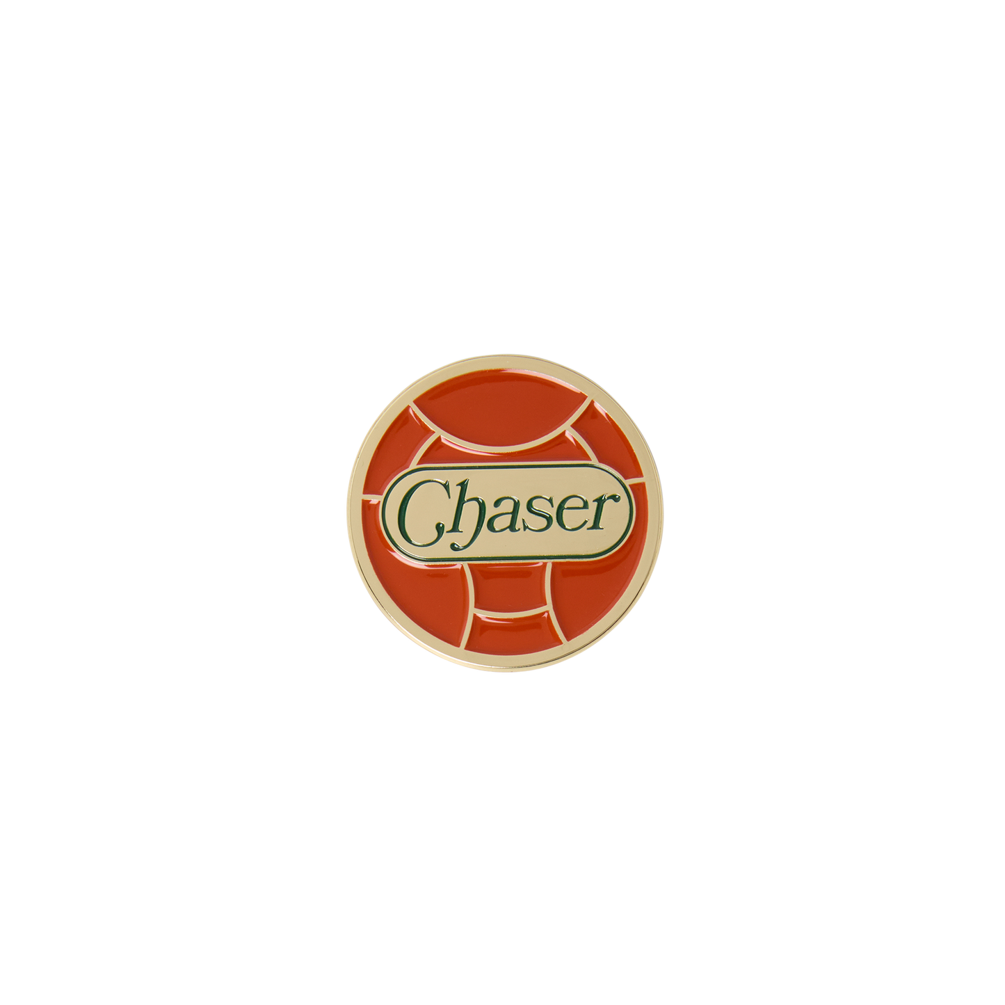 Round logo with 'Chaser' text on a Quidditch ball shaped pin