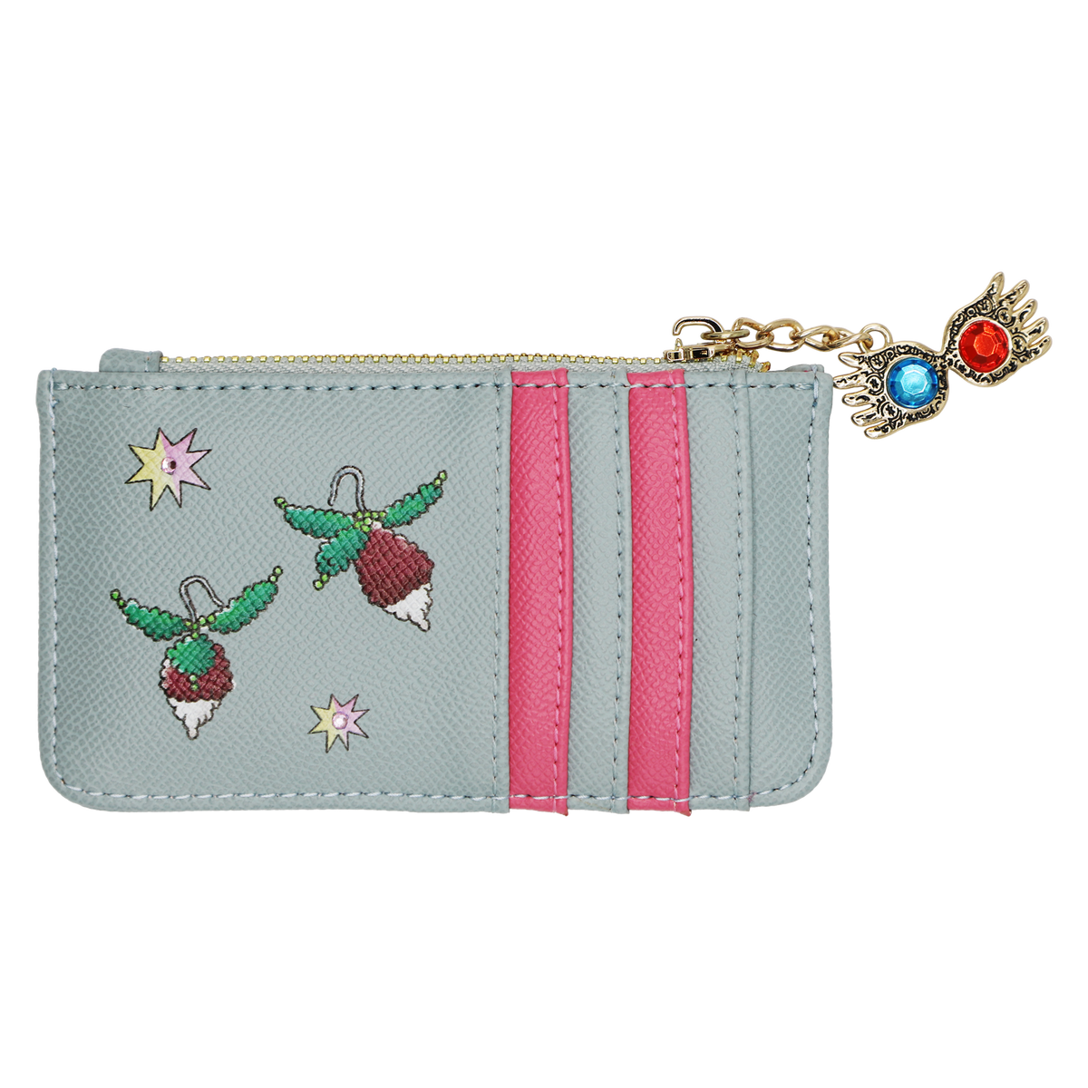 A light blue faux leather zippered pouch featuring embroidered radish earrings, pink stripes, and a gold-tone Spectrespecs charm with blue and red crystals in the lenses.