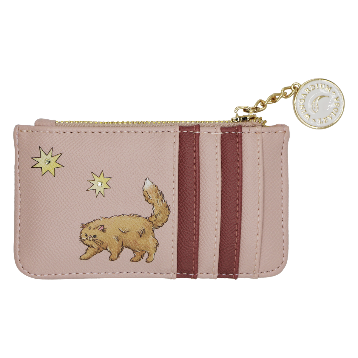 A small zip-around pouch in pale blush pink textured leather with two vertical dark burgundy stripes, a gold zipper, and a charm with a spell illustration. The front is decorated with Crookshanks and two yellow stars.