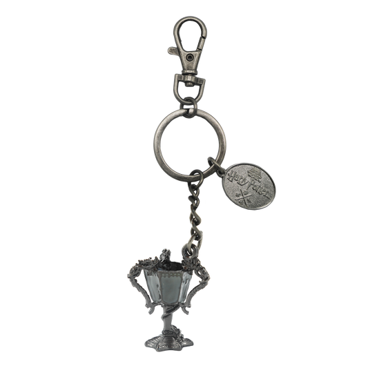Silver trophy-shaped keychain with a tag on a white background