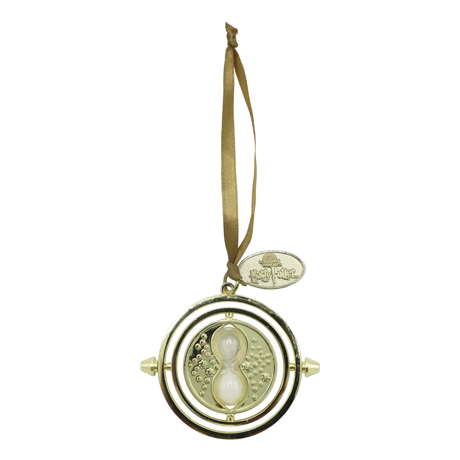 Gold time-turner ornament with a ribbon on a white background