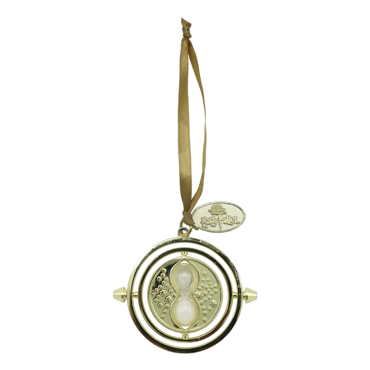 Gold time-turner ornament with a ribbon on a white background