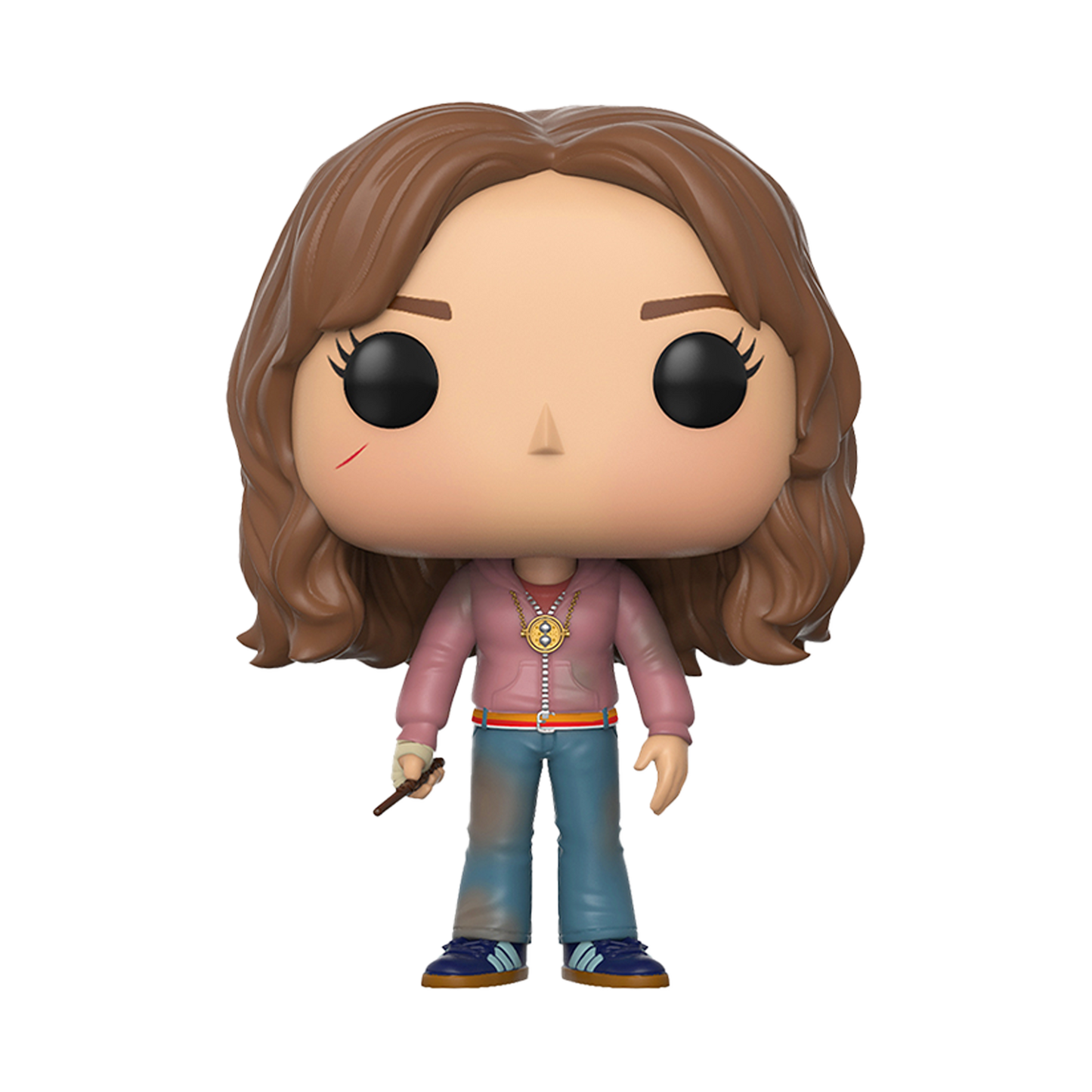 Funko Pop! vinyl figure of a Hermione Granger with brown hair and a pink hoodie with blue jeans