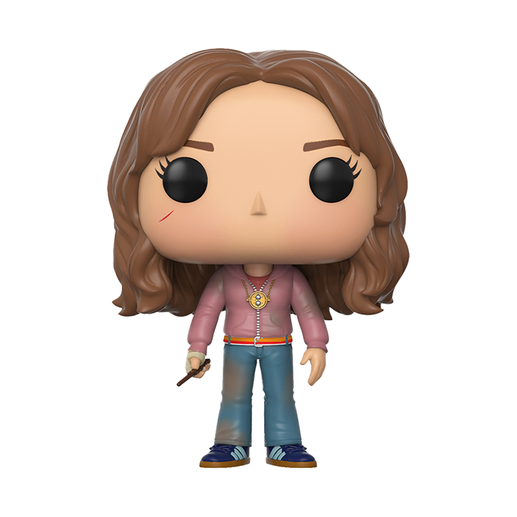 Funko Pop! vinyl figure of a Hermione Granger with brown hair and a pink hoodie with blue jeans