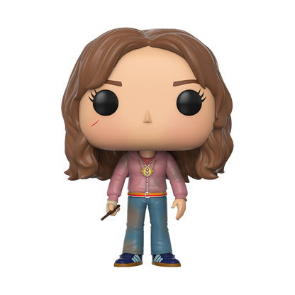 Funko Pop! vinyl figure of a Hermione Granger with brown hair and a pink hoodie with blue jeans