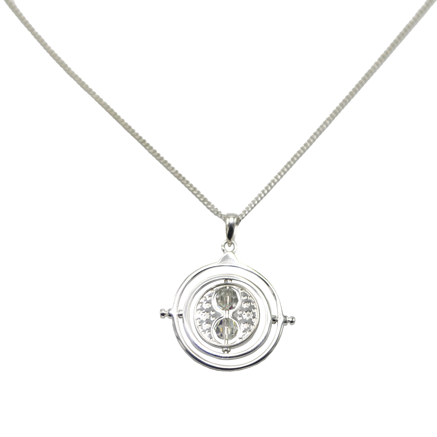 Silver necklace with a round Time Turner pendant on a white background
