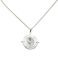 Silver necklace with a round Time Turner pendant on a white background