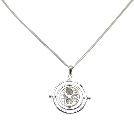 Silver necklace with a round Time Turner pendant on a white background