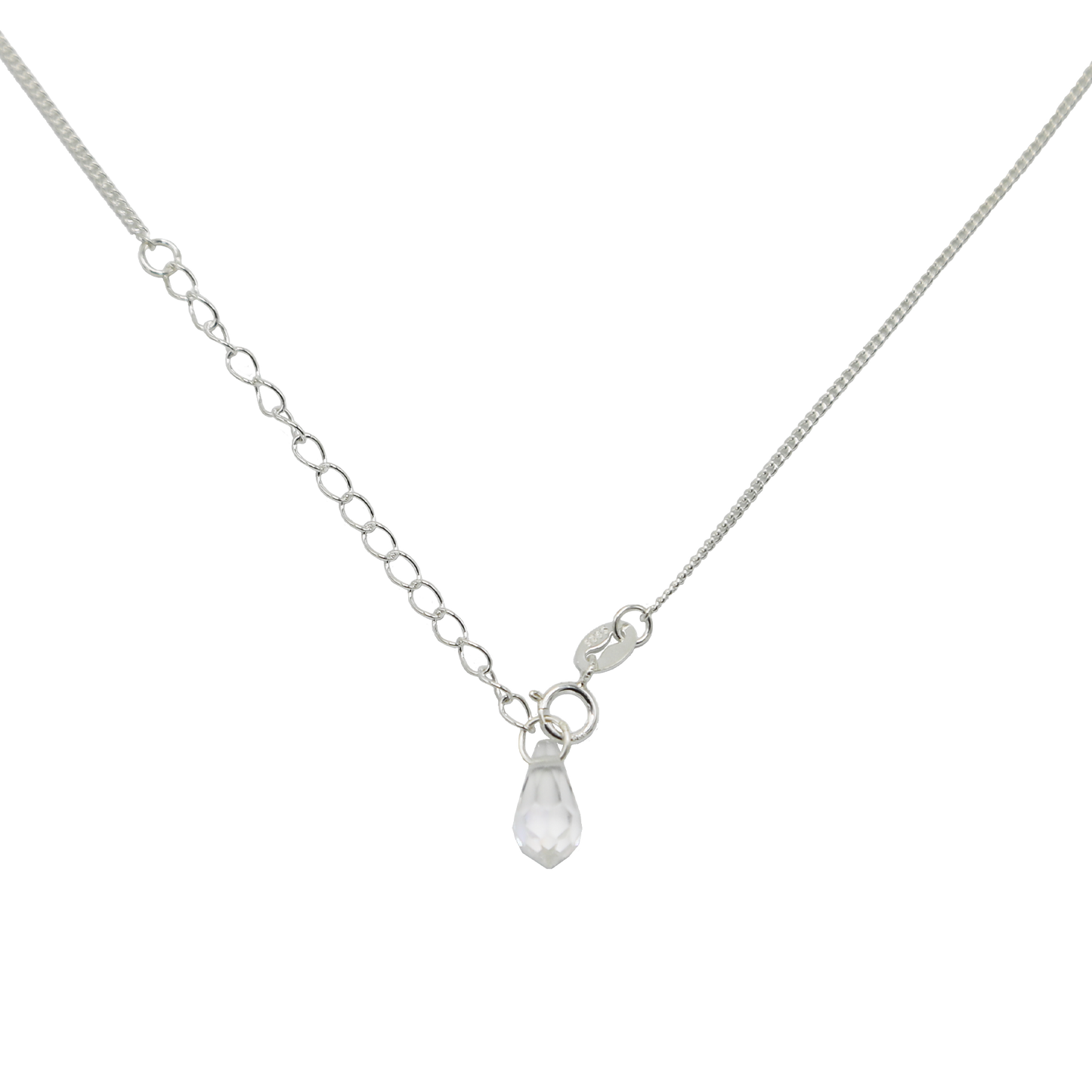 Silver necklace with a teardrop-shaped pendant on a white background