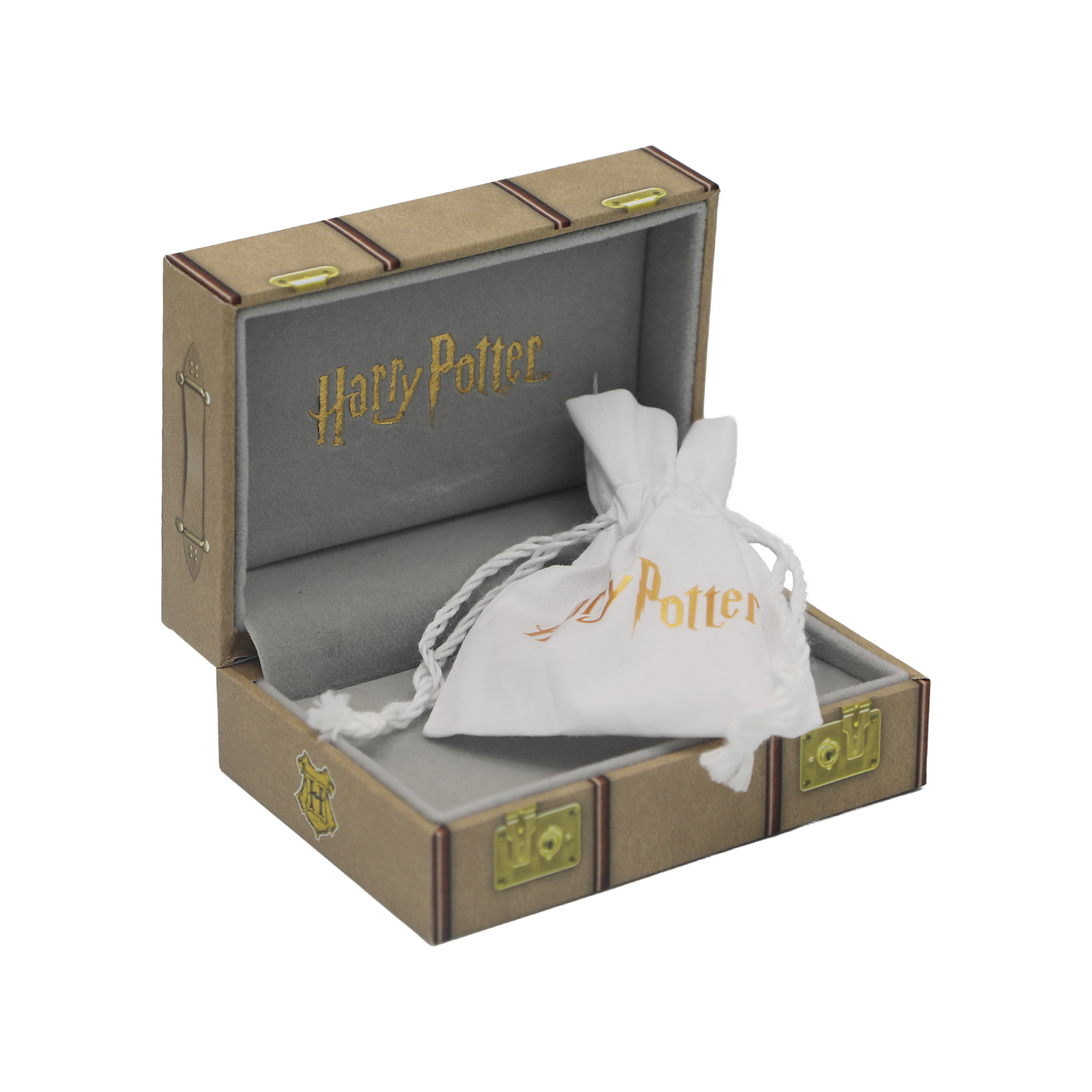 Harry Potter jewelry box with a drawstring bag inside on a white background