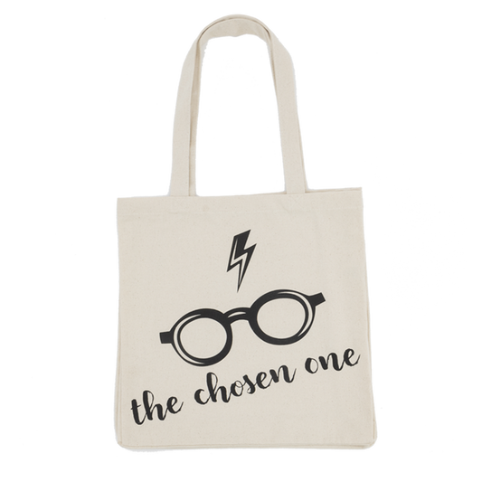 Tote bag with glasses and lightning bolt design on a white background
