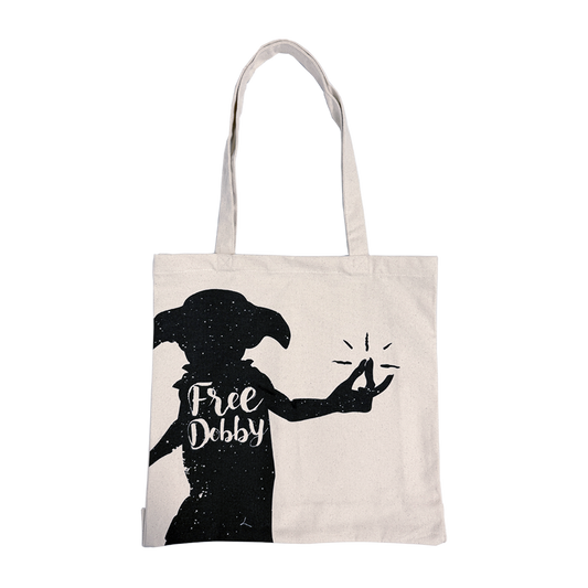 Tote bag with silhouette of Dobby and 'Free Dobby' text on a white background