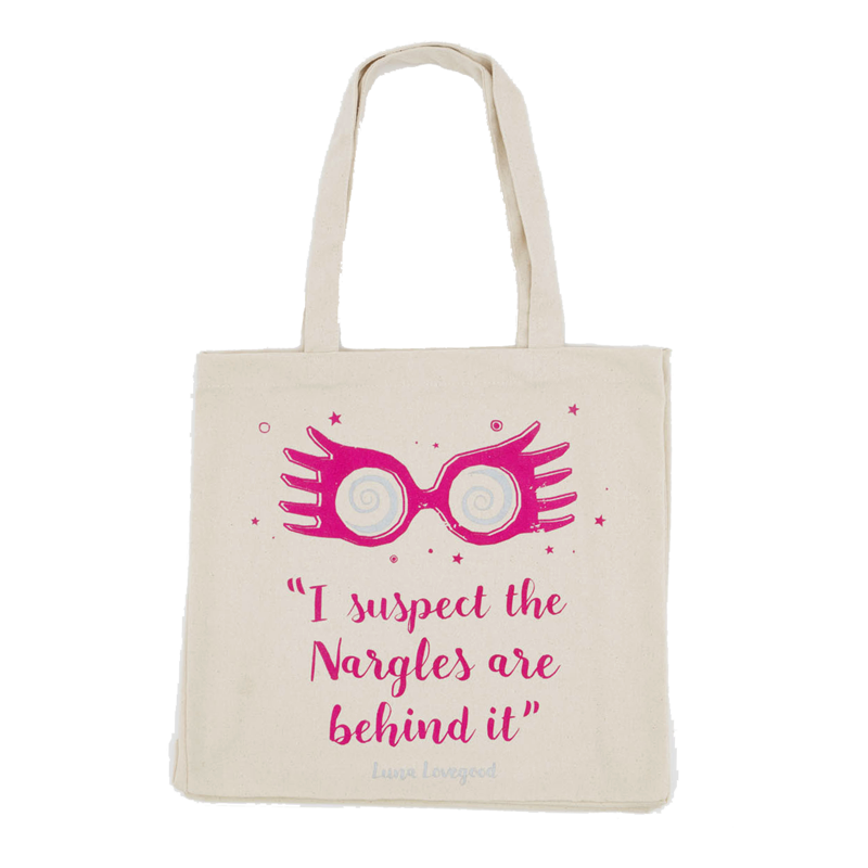 Tote bag with pink eyeglasses and text design on a white background