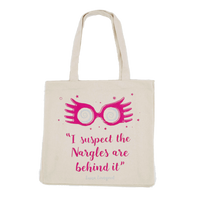 Tote bag with pink eyeglasses and text design on a white background