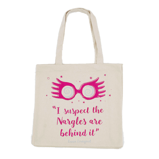 Tote bag with pink eyeglasses and text design on a white background