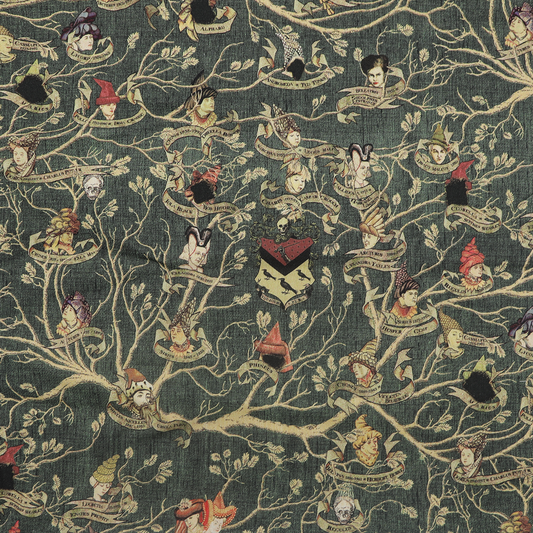 Textile pattern with illustrated characters and text on a dark green background