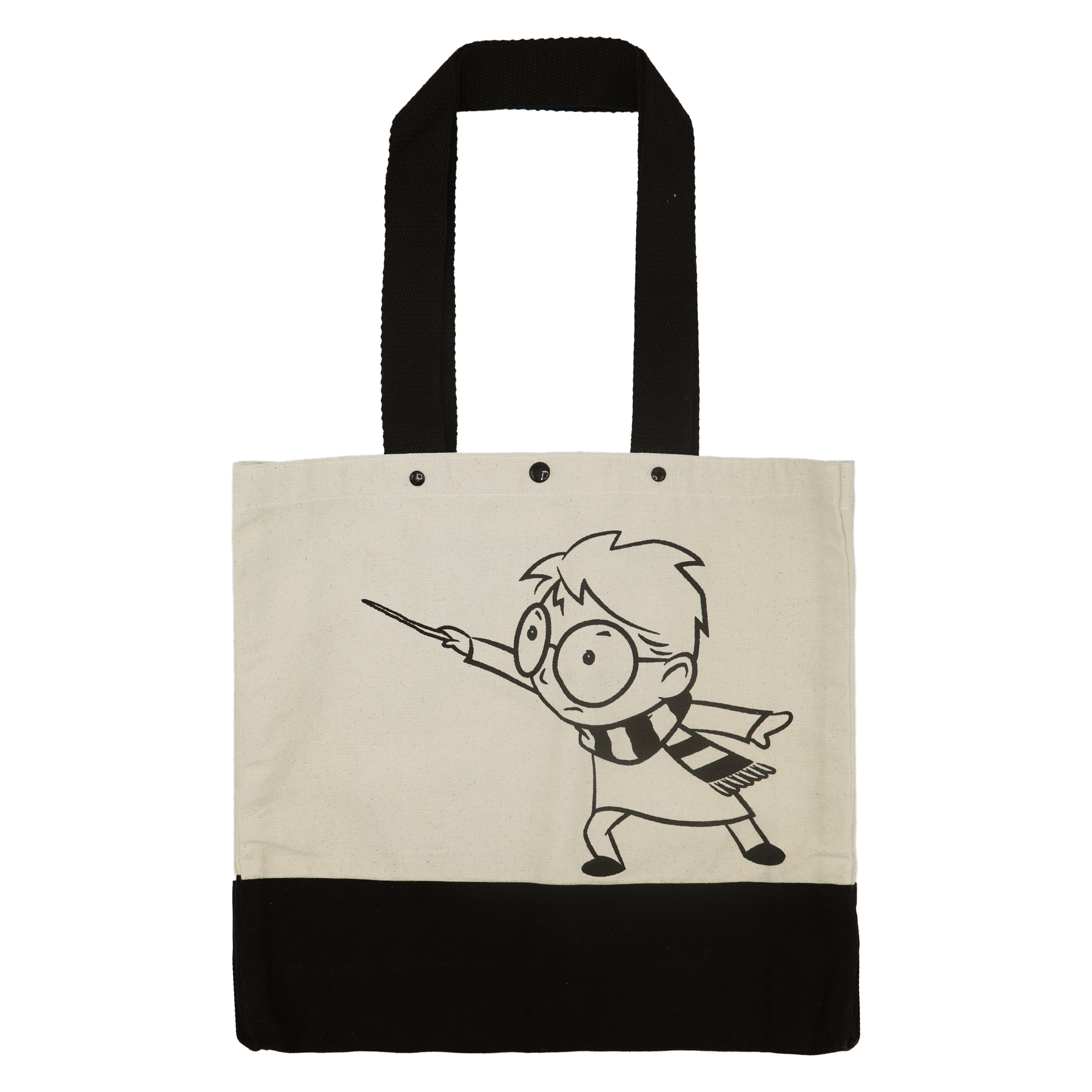 Tote bag with a black and white illustration of Harry Potter on a beige background