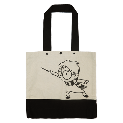 Tote bag with a black and white illustration of Harry Potter on a beige background