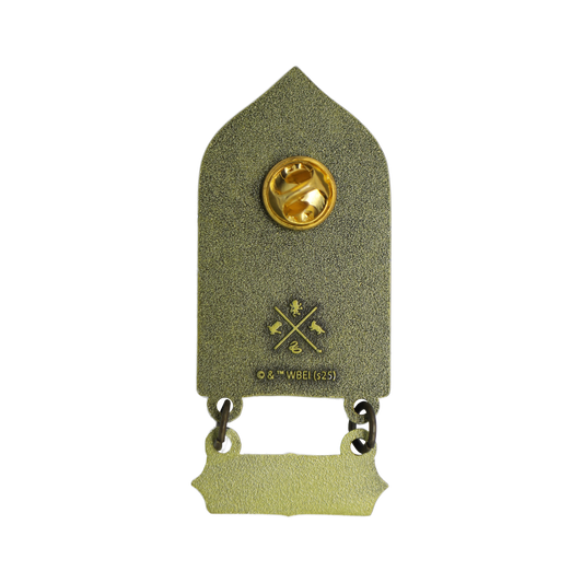 Back of the Back to Hogwarts pin with a gold logo on a transparent background