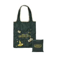 Green tote bag with 'Back to Hogwarts' text and sorting hat graphic