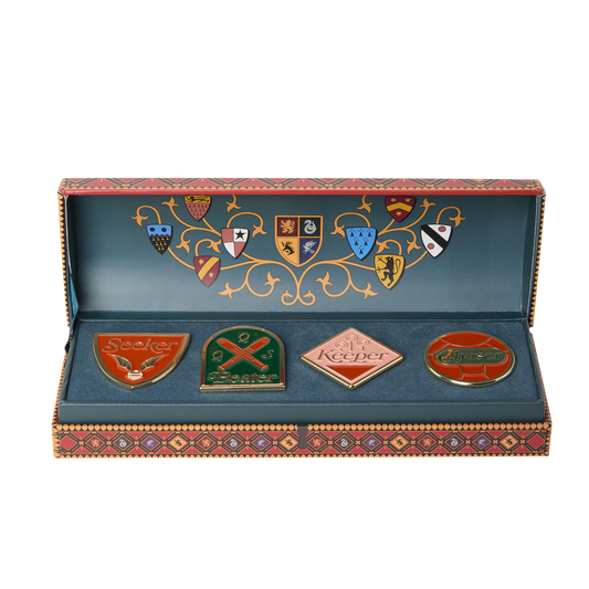 Set of four Quidditch emblems in a decorative box with intricate designs