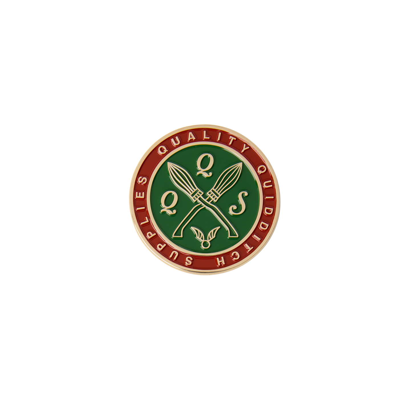 Circular logo with 'Quality Quidditch Supplies' text and a broom design on a green and red background