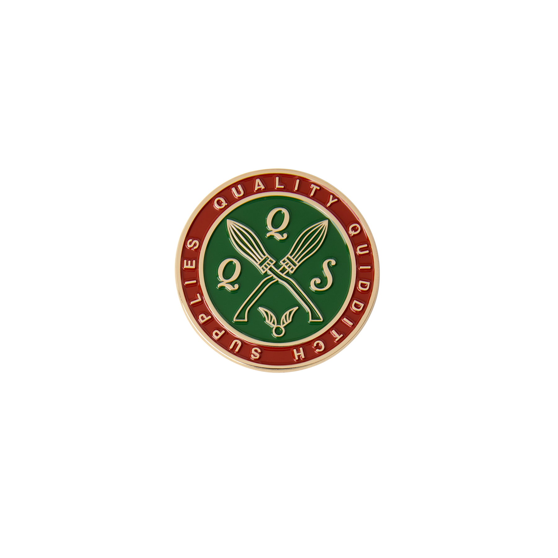 Circular logo with 'Quality Quidditch Supplies' text and a broom design on a green and red background