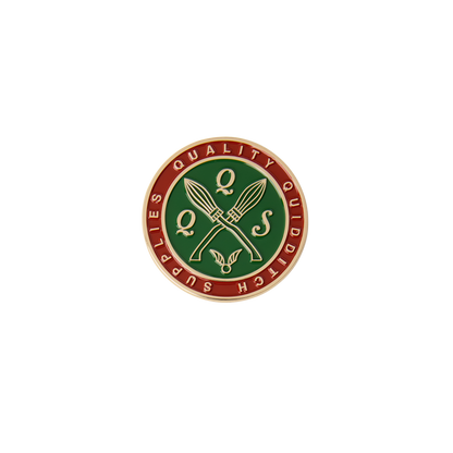 Circular logo with 'Quality Quidditch Supplies' text and a broom design on a green and red background