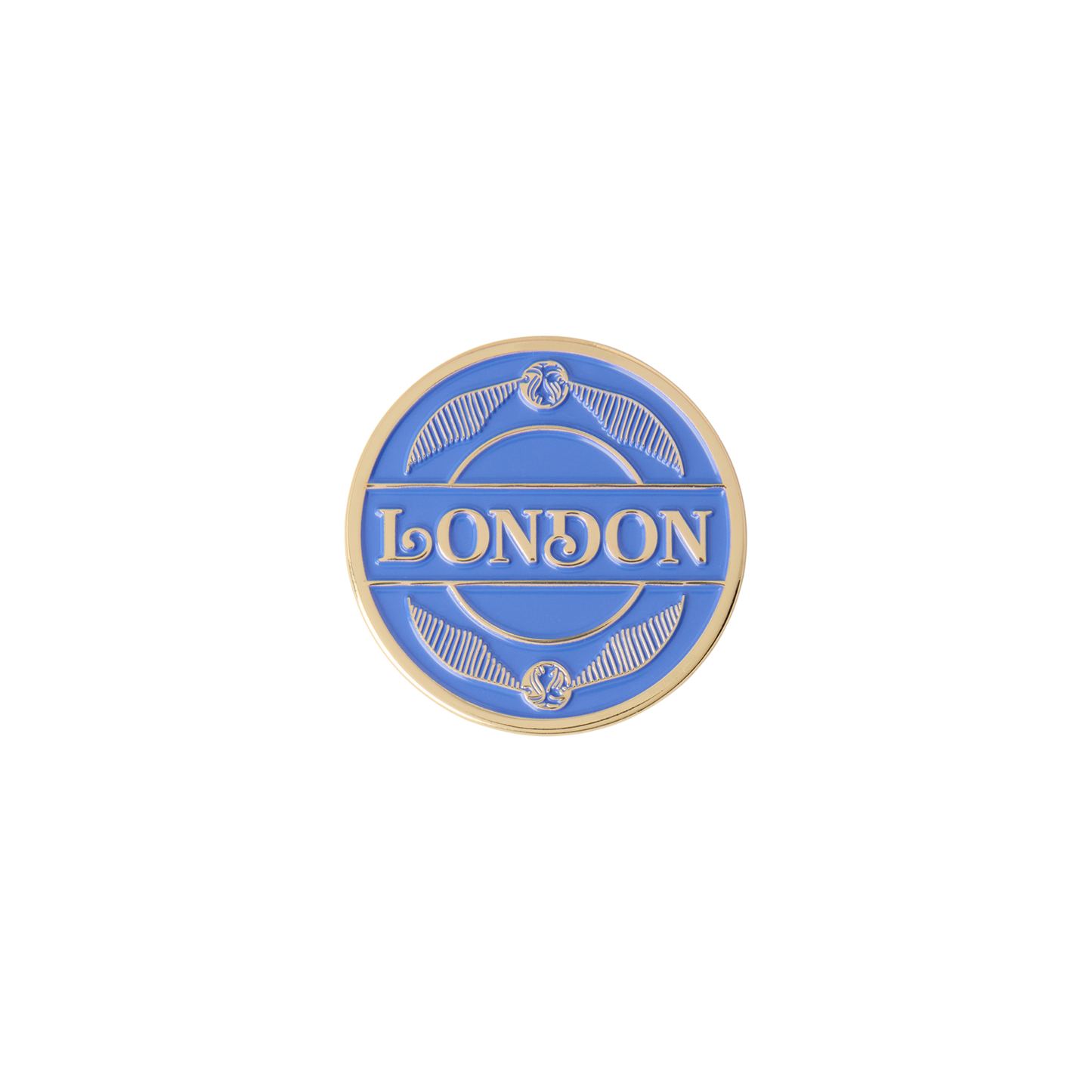 Round blue and gold Quidditch magnet with 'London' text 