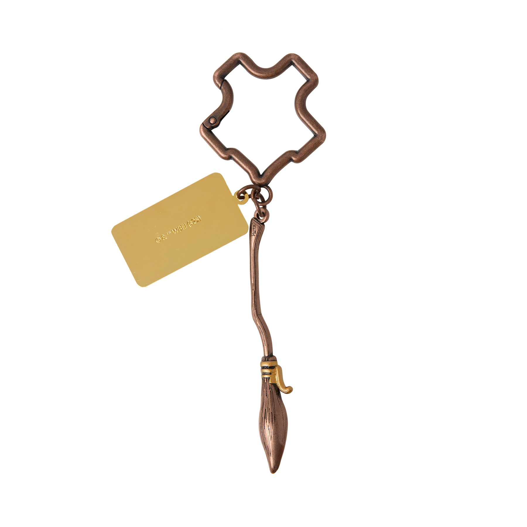 Bronze Nimbus 2000 keychain with a Hogwarts crest-shaped holder and gold tag on a white background