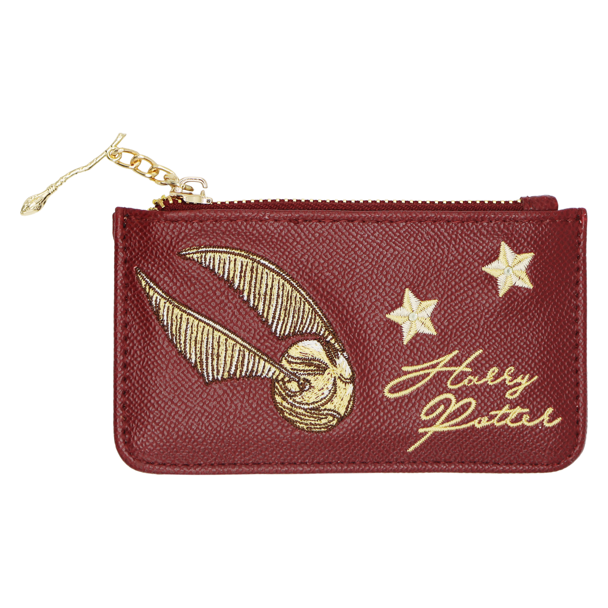 A small zippered pouch in textured burgundy faux leather with gold embroidery featuring the Golden Snitch, two stars, and the script 'Harry Potter'.