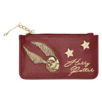 A small zippered pouch in textured burgundy faux leather with gold embroidery featuring the Golden Snitch, two stars, and the script 'Harry Potter'.