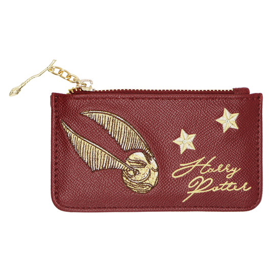 A small zippered pouch in textured burgundy faux leather with gold embroidery featuring the Golden Snitch, two stars, and the script 'Harry Potter'.