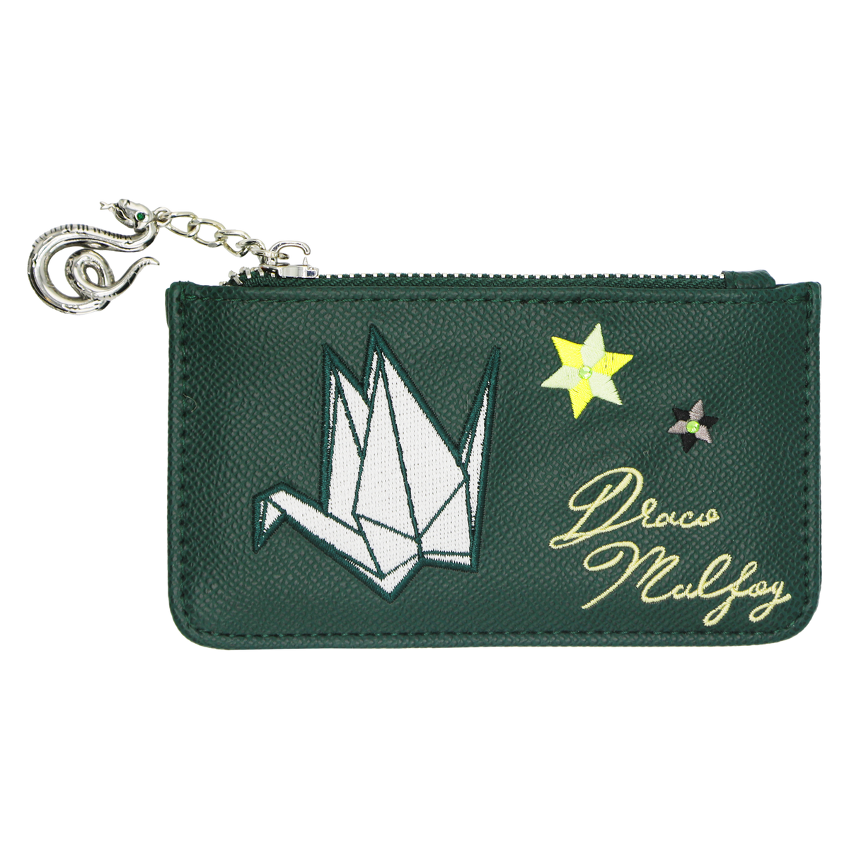A dark green textured leather card holder  featuring an embroidered white origami crane, a yellow star, a small gray star, and the cursive text 'Draco Malfoy' in gold. It has a silver-tone metal zipper with a matching snake charm.