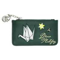 A dark green textured leather card holder  featuring an embroidered white origami crane, a yellow star, a small gray star, and the cursive text 'Draco Malfoy' in gold. It has a silver-tone metal zipper with a matching snake charm.