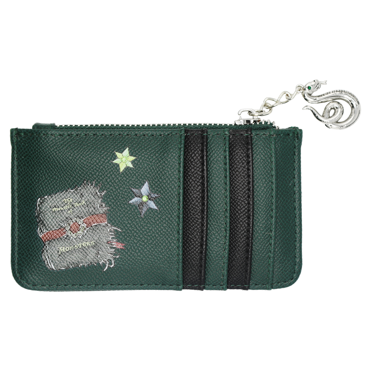 A dark green leather textured card holder wallet with a silver zipper, featuring two vertical black stripes, embroidered star details, and a silver snake charm.