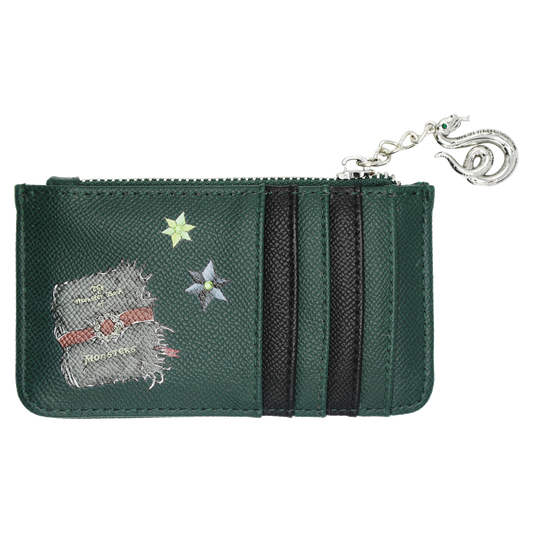 A dark green leather textured card holder wallet with a silver zipper, featuring two vertical black stripes, embroidered star details, and a silver snake charm.