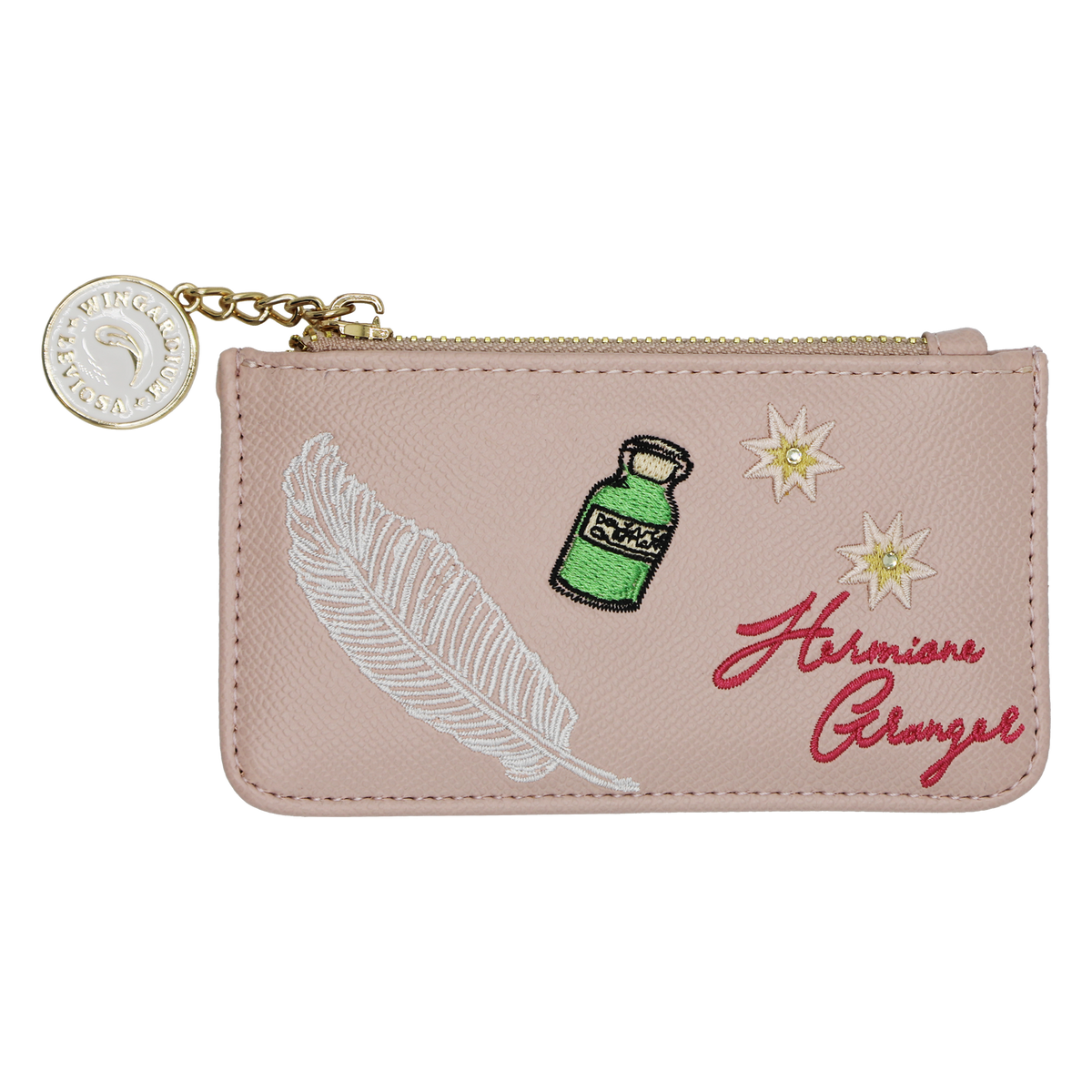 A pink faux-leather zip pouch featuring embroidered designs from Harry Potter, including a white feather, a green potion bottle, two yellow stars, and the red embroidered text 'Hermione Granger'. A gold-tone metal zipper runs across the top, accompanied by a gold chain and a circular Swarovski crystal charm.
