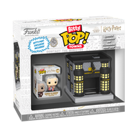 Funko Pop! Bitty Pop! packaging with a figurine and store model, featuring Ollivanders theme.