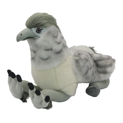 Plush toy Buckbeak with gray and white feathers on a white background