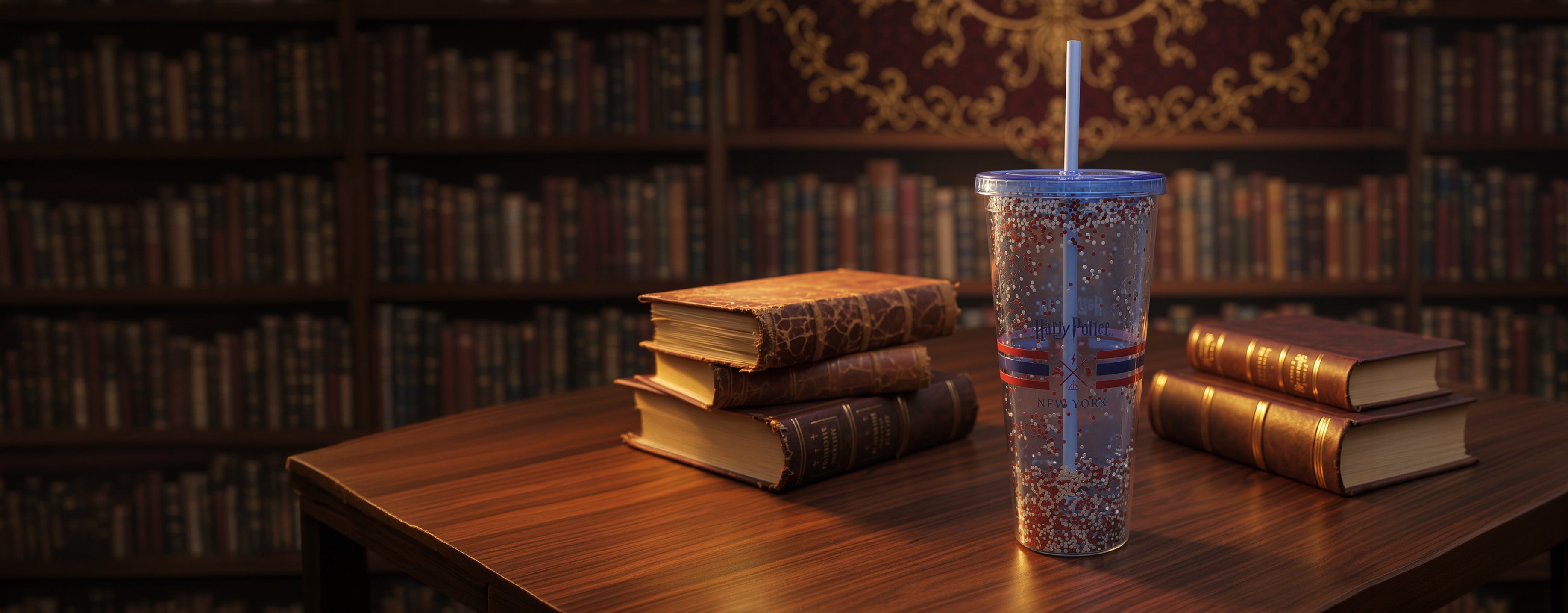 Stack of books on a wooden table with a clear tumbler with a straw in a library setting