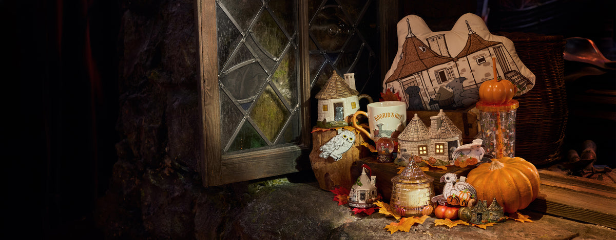 A cozy autumn-themed tabletop display featuring Hagrid's Hut decorations, small pumpkins, acorns, fall leaves, and a vintage-style ceramic mug, arranged against a dark rustic background with a window pane motif.