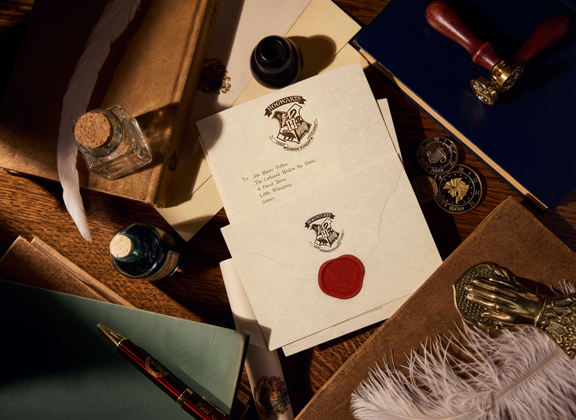 A styled flat-lay of vintage Harry Potter themed stationery, featuring a cream-colored letter with the Hogwarts crest, a red wax seal, an ink bottle, a quill pen, and other themed props on a wooden desk.