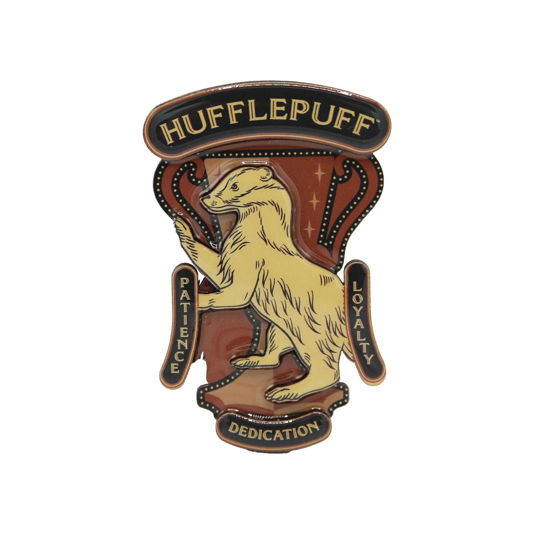 Hufflepuff magnet with badger emblem and text on a white background