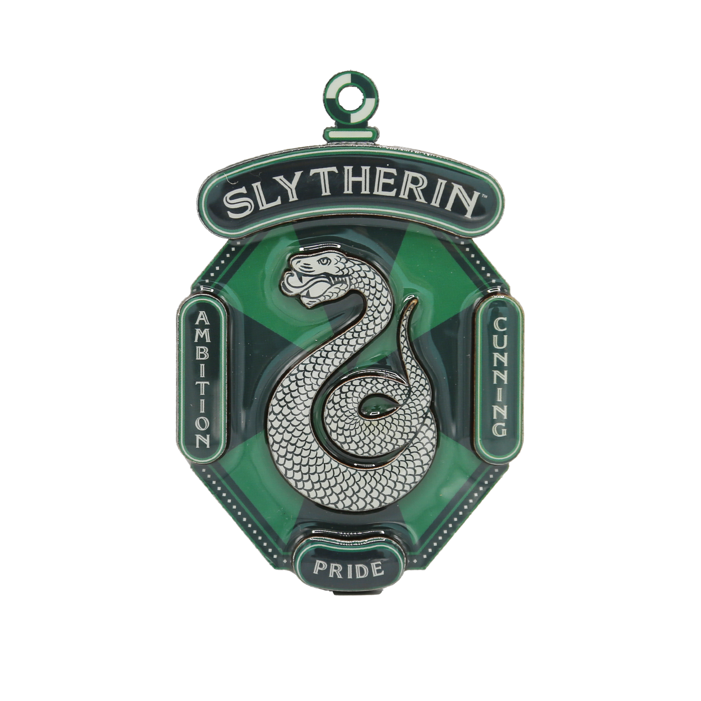 Slytherin magnet with snake emblem and text on a white background