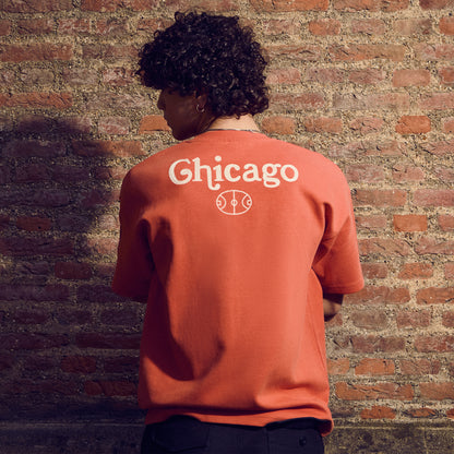 Person wearing a 'Chicago' Quidditch t-shirt against a brick wall