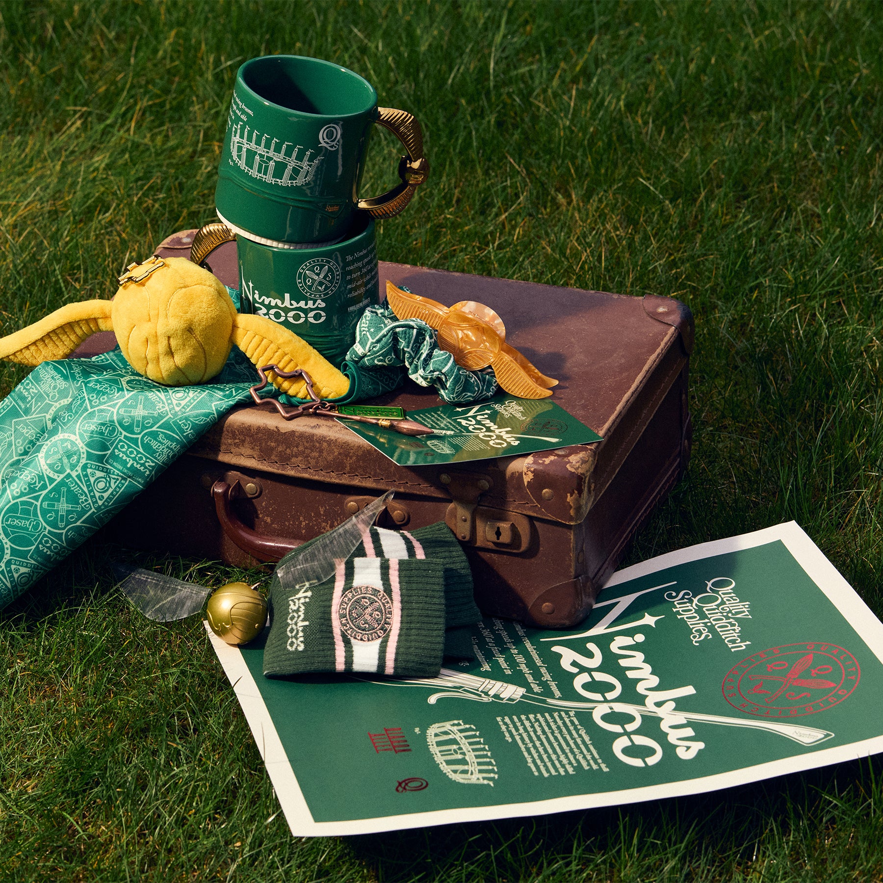 Green mug, suitcase, and accessories on a grassy background with 'Nimbus 2000' branding.