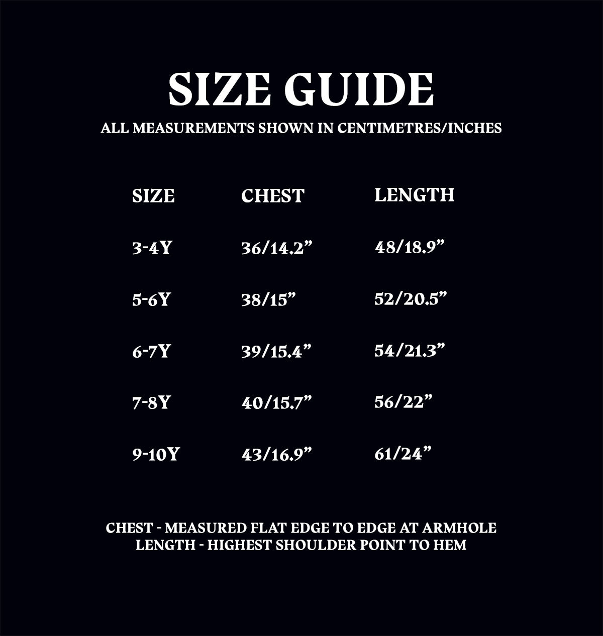 Kids Core Hoodie Size Guide